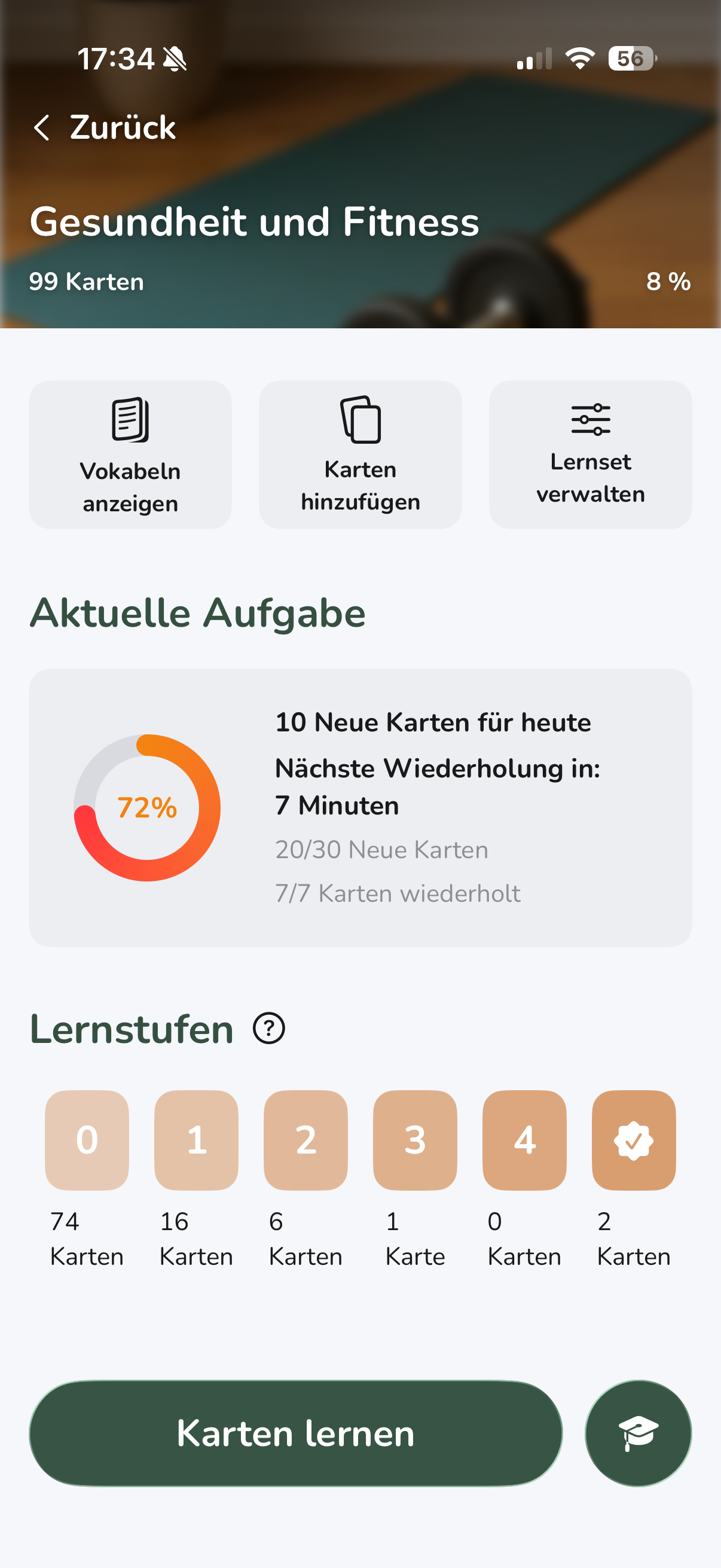 Vocabu study set overview – due cards and learning level distribution
