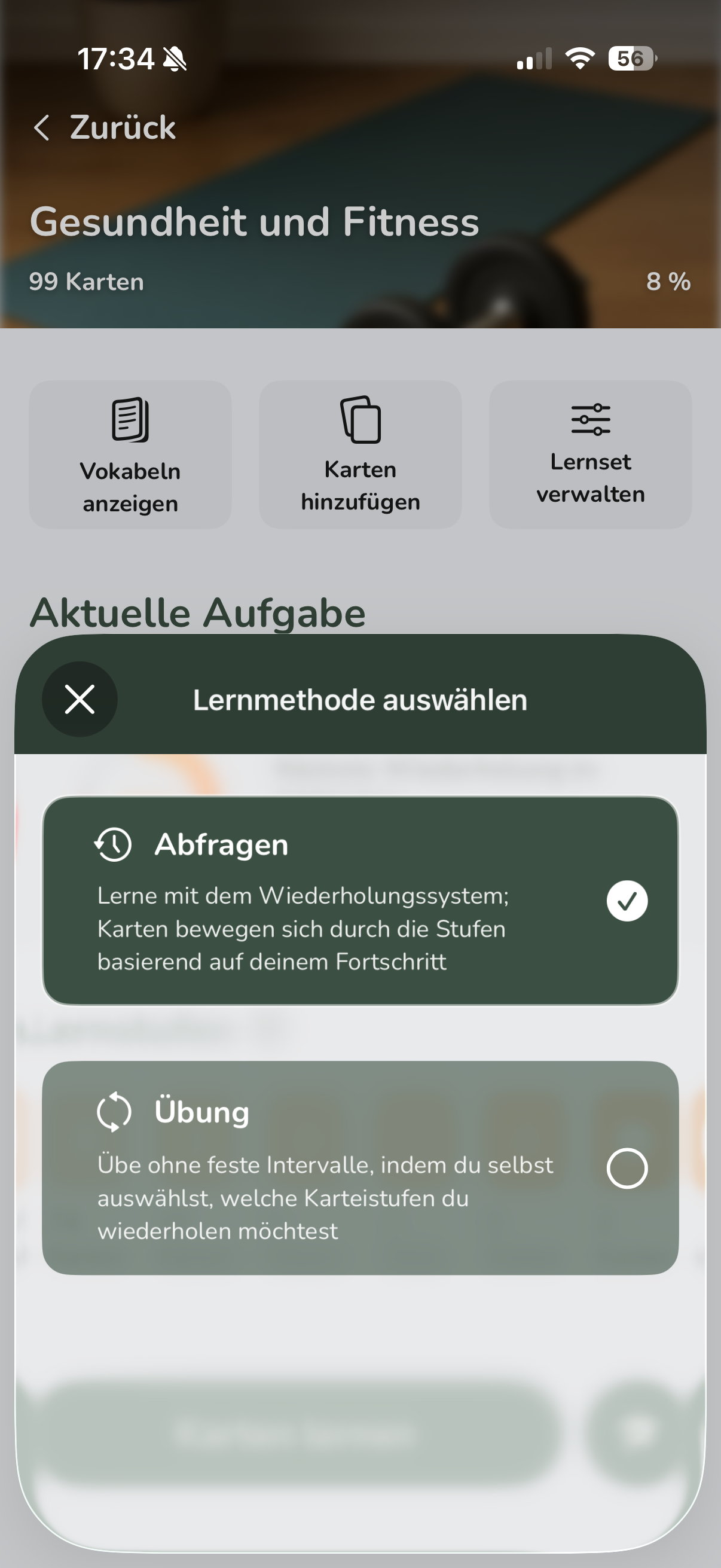 Vocabu choose study mode – Quiz with Spaced Repetition or free Practice