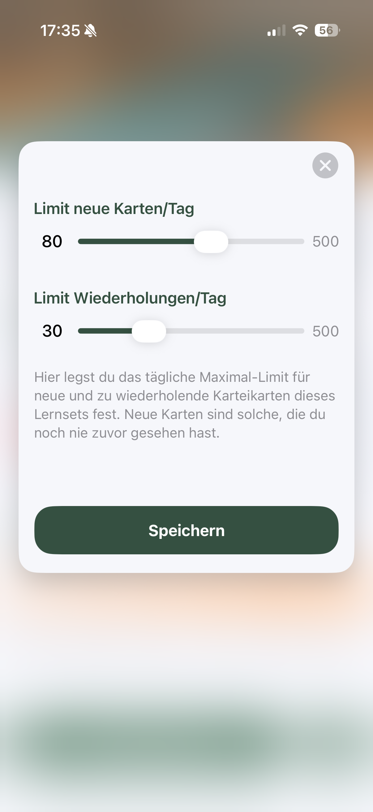 Vocabu settings – daily limits for new vocabulary and reviews