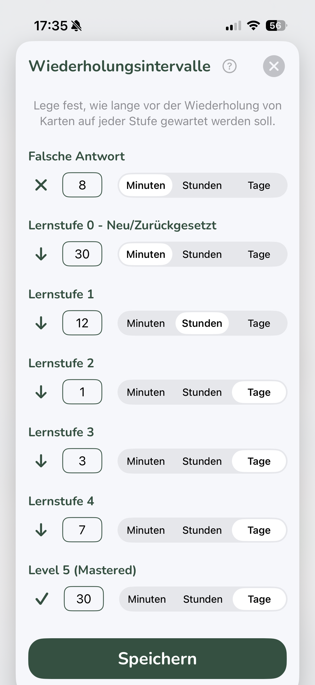 Vocabu Spaced Repetition intervals – expert settings