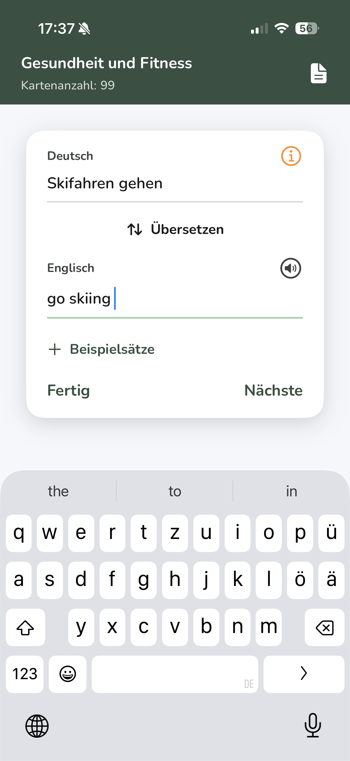 Vocabu create vocabulary card – automatic translation and example sentences