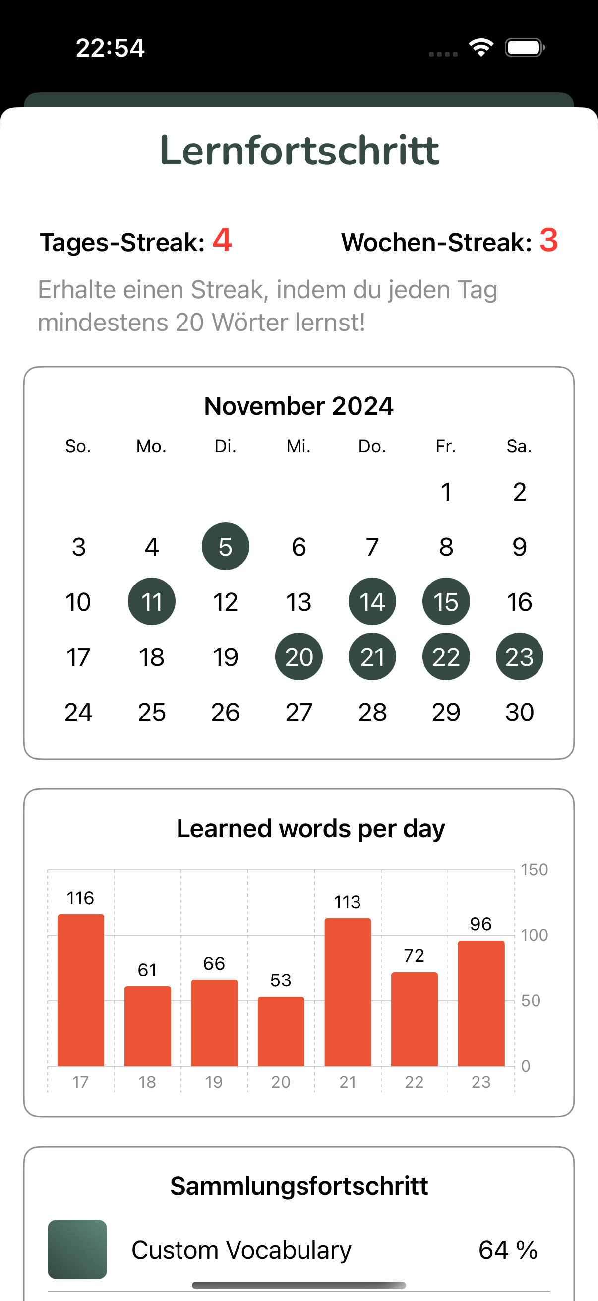 Vocabu learning streak – daily progress and Streak Freeze feature