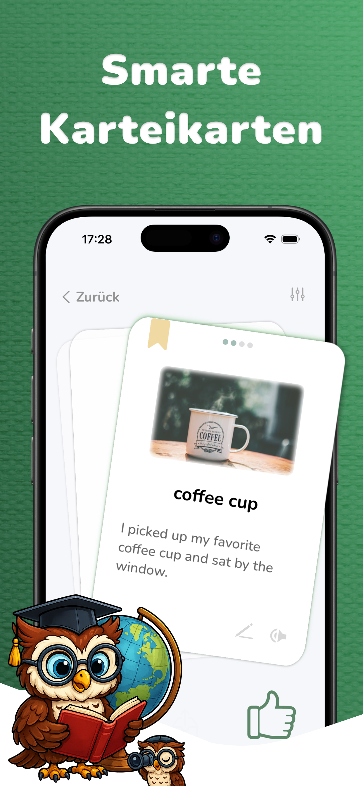 Vocabu App Lernoberfläche - Karteikarten-Studienmodus