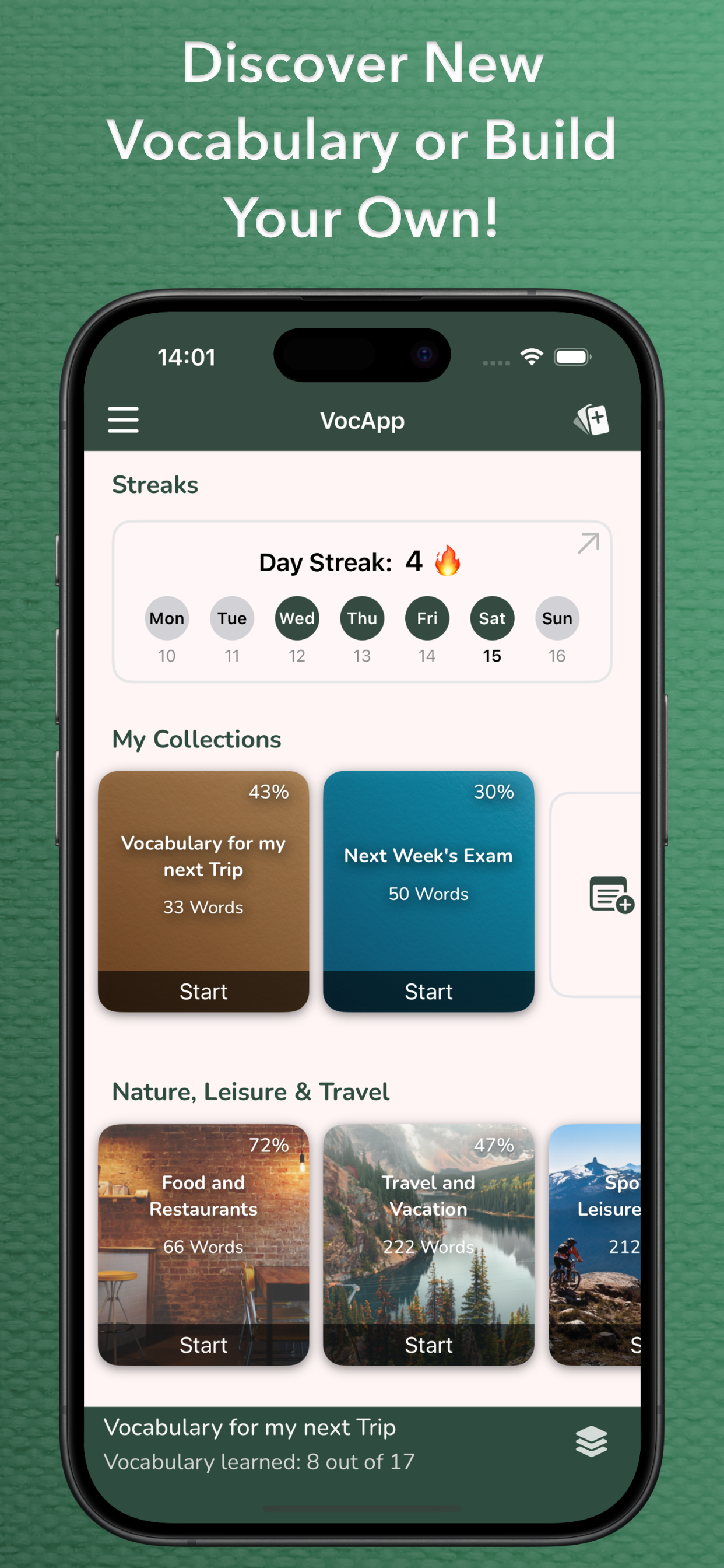 Vocabu App Collections Screen - Language Vocabulary Lists