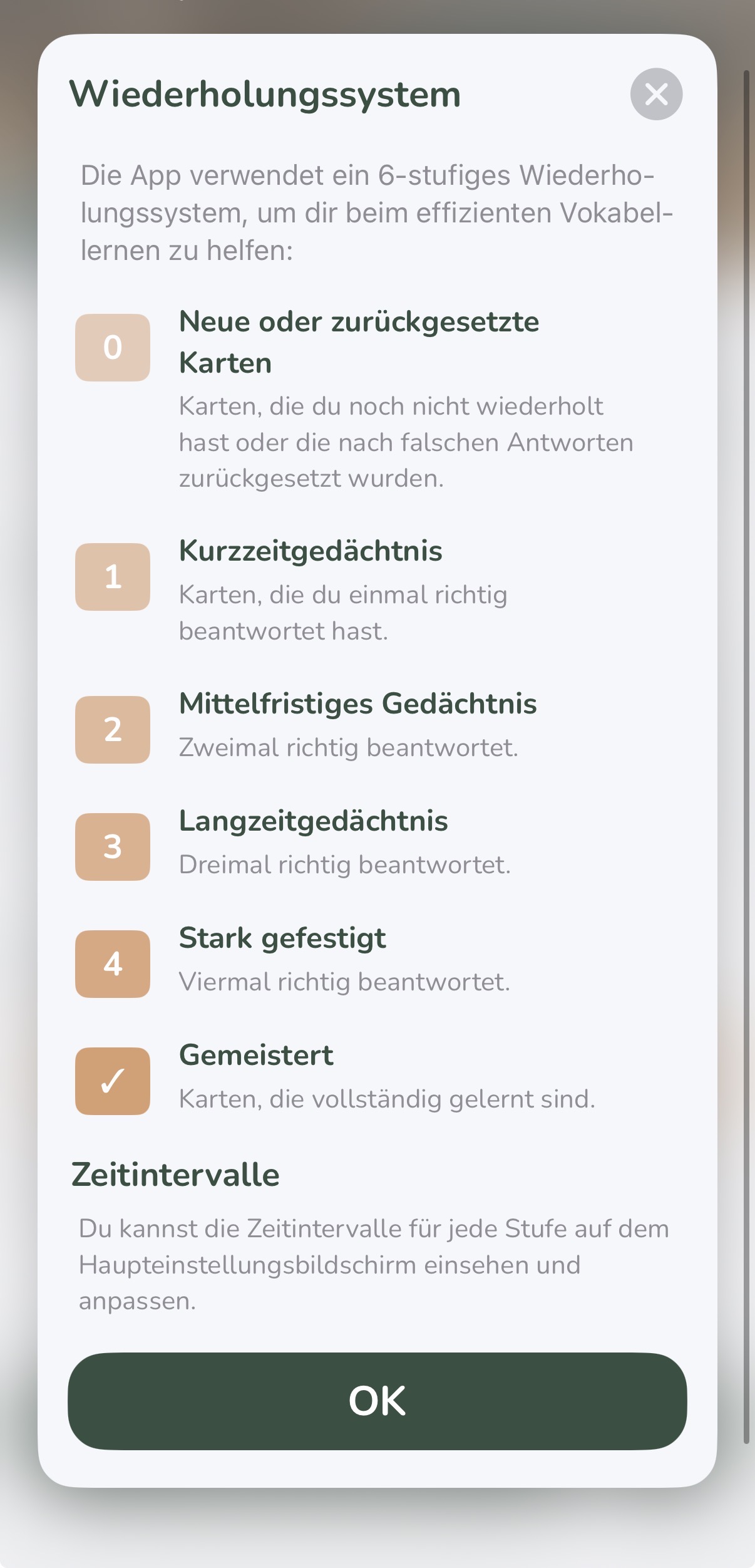 Vocabu flashcard system – learning levels and Spaced Repetition overview