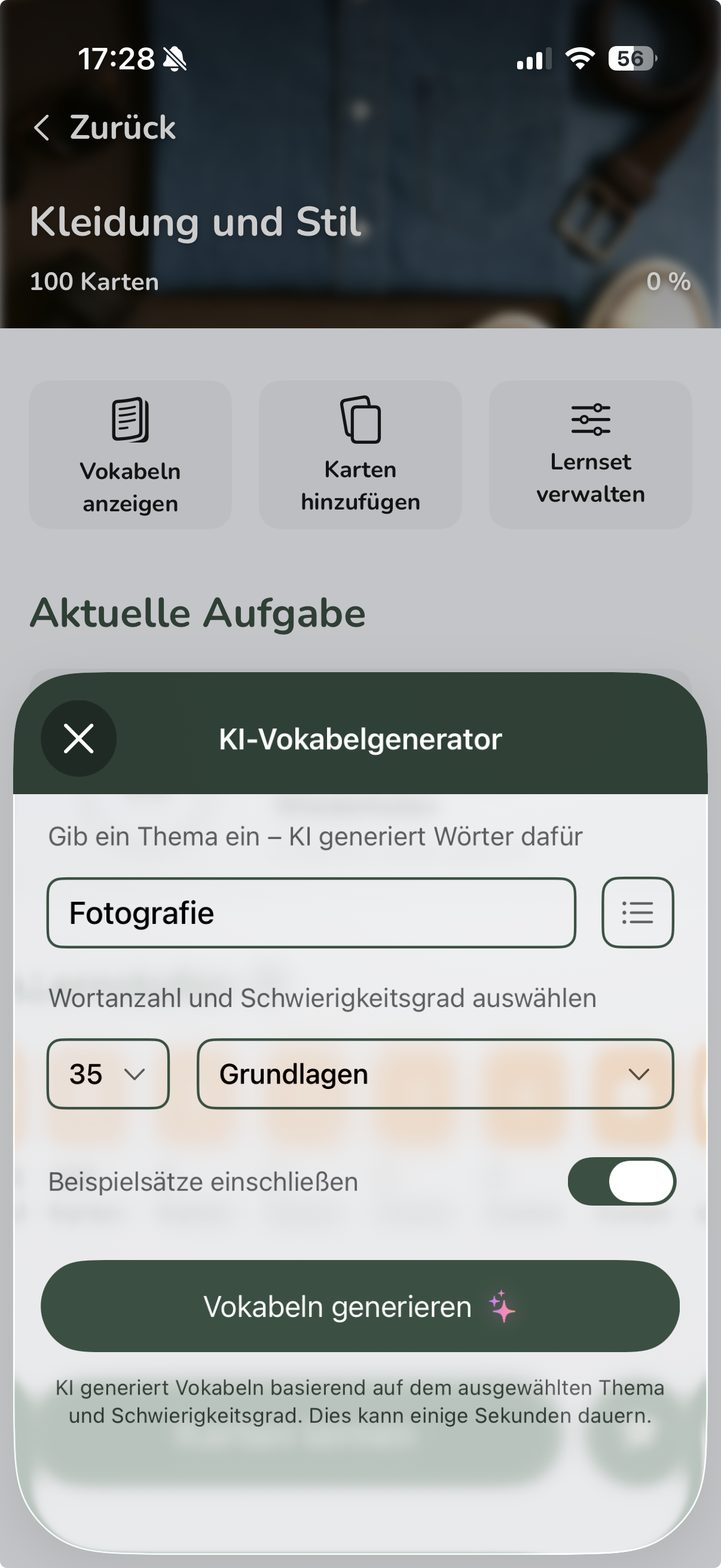 Vocabu AI create cards – automatically generate vocabulary on a topic