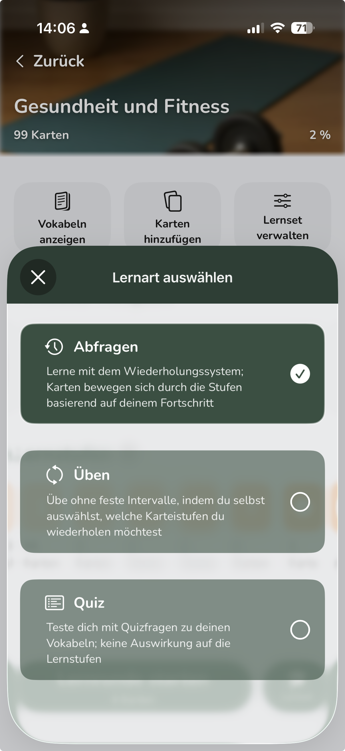 Vocabu Lernart auswählen – Abfragen mit Spaced Repetition, freies Üben oder Quiz