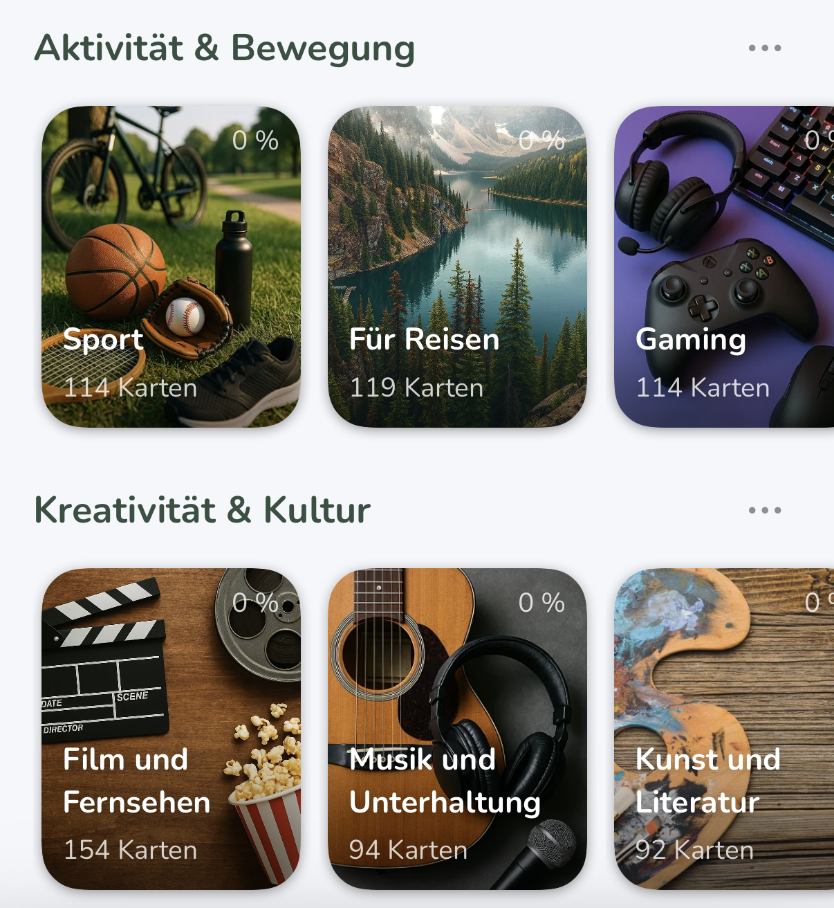 Vocabu Startseite – Lernsets nach Kategorien, zum Auswählen eines einzelnen Sets