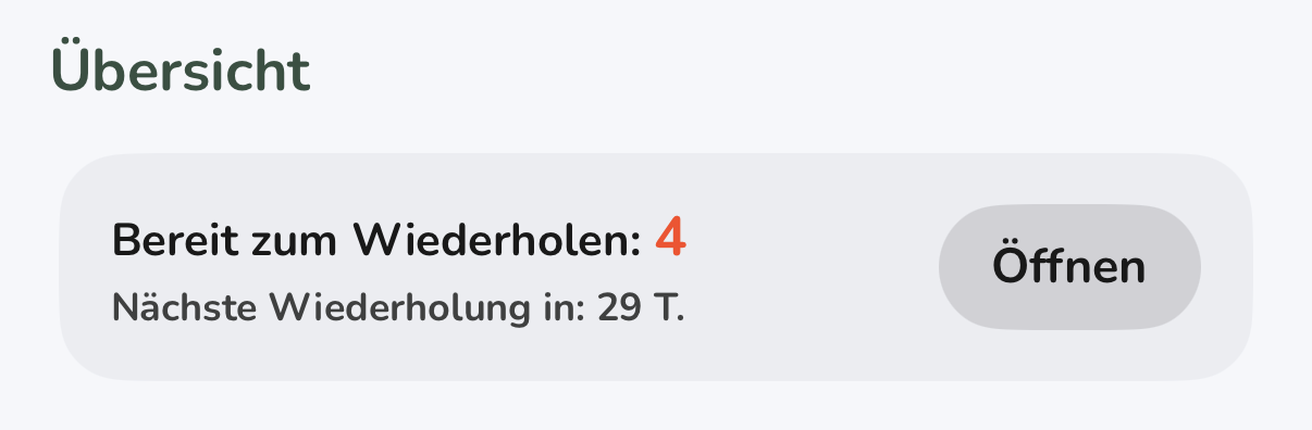 Vocabu Übersicht-Widget – Bereit zum Wiederholen mit Öffnen-Button